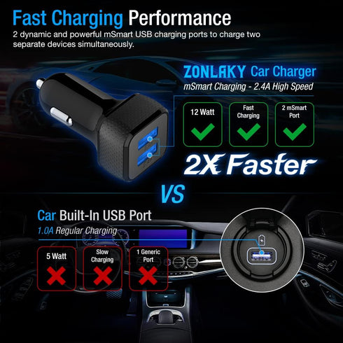 Car Charger 2 Pack, 24W Dual USB Car Charger - Black, SmartUSB Port Car Adapter Compatible iPhone 13/12/11/XR/Xs, iPad Pro/Air 2/Mini, LG, Pixel, ...