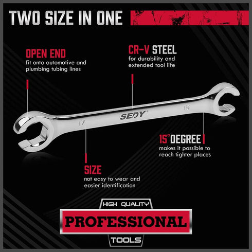 SEDY 4-Piece Flare Nut Wrench Set, Offset End Spanner Metric 9 10 11 12 13 14 15 17mm, CR-V Steel Storage Pouch Repair and Remove Nuts on Fuel Tub...