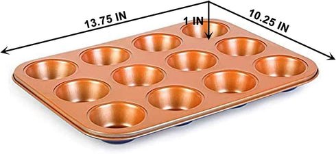 Copper Professional Healthy 12 Cup Cake and Muffins Baking Pan Sheet, Oven and Dishwasher Safe L...
