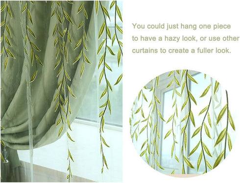Ufurty 2 Pieces Willow Window Curtain Voile Tulle Room Salix Leaf Sheer Gauze Panel Drapes Green Color for Living Room, Bedroom, Balcony...