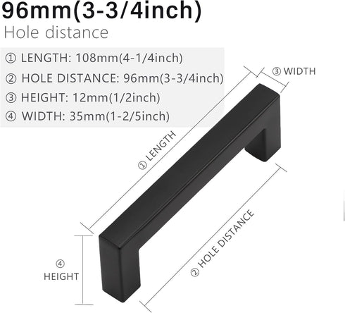 Cabinet Pulls Matte Black Cabinet Handles Square Drawer Pulls, 5 Pack 3-3/4 Inch Stainless Steel Kitchen Door Cupboard Cabinet Handles, Drawer Har...
