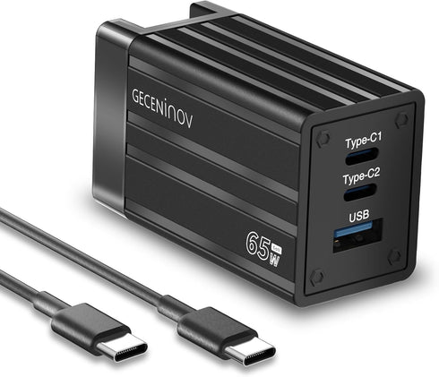USB C Wall Charger, GECENinov 65W GaN Charger Block, 3-Port Fast Charging Block with 5ft Cable for MacBook Pro/Air, i-Pad, i-Phone 14/13/12, Galax...