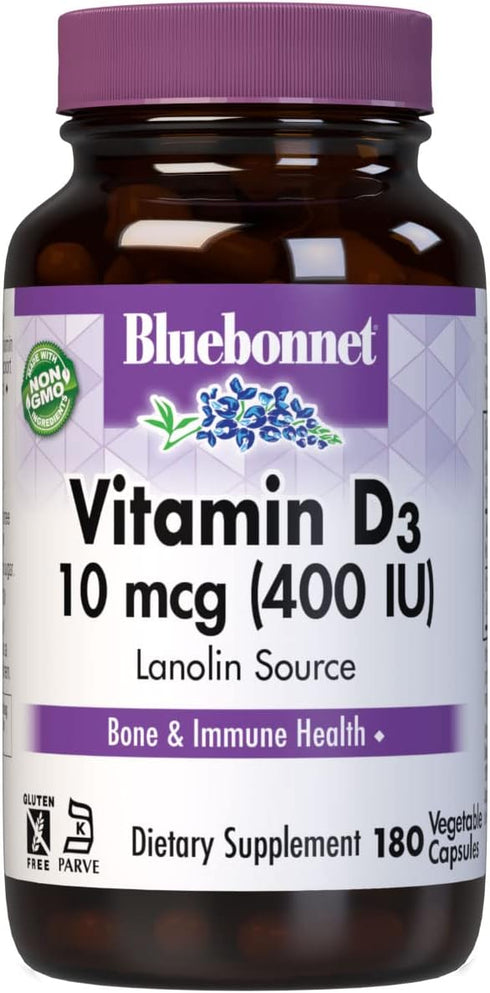 BlueBonnet Nutrition Vitamin D3 400 IU Vegetable Capsule, Aids in Muscle and Skeletal Growth, Cholecalciferol from Lanolin, Non GMO, Gluten Free, ...