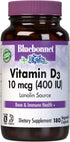 BlueBonnet Nutrition Vitamin D3 400 IU Vegetable Capsule, Aids in Muscle and Skeletal Growth, Cholecalciferol from Lanolin, Non GMO, Gluten Free, ...