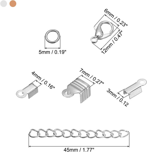 uxcell Jewelry Findings Kit, 3/4/7mm Fold Over Cord Ends with Lobster Claw Clasps, Jump Rings, Extension Chains for DIY Craft Making, Golden Silve...