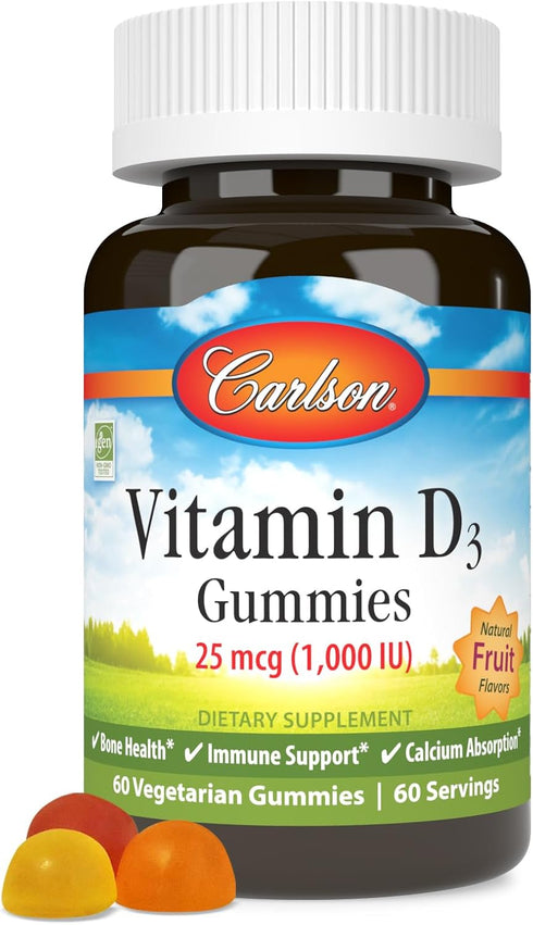 Carlson - Vitamin D3 Gummies, 1000 IU (25 mcg), Bone Health, Immune Support & Calcium Absorption, Natural Fruit Flavors, 60 Vegetarian Gummies...