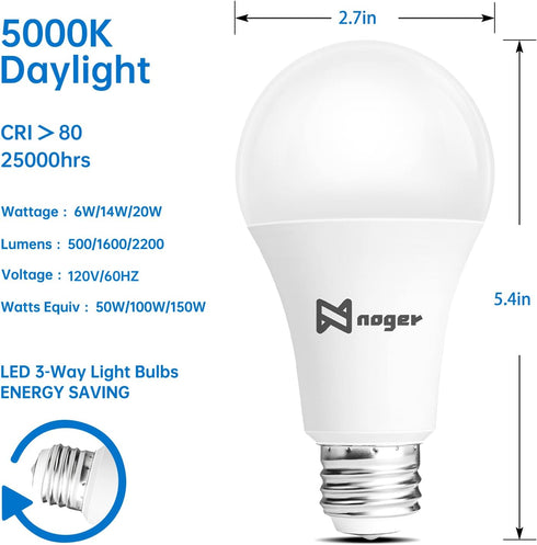 Noger 3-Way Led Light Bulbs A21 ?4 Pack?, 50 100 150W Equivalent, 5000K Daylight, 3 Way E26 Light Bulbs for Reading, 500-1600-2200LM...