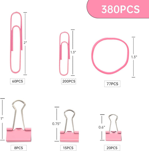 Pink Binder Clips Paper Clips,380 PCS Assorted Sizes Paperclips Paper Clamps Rubber Bands for Files, Papers, Home Supplies (Pink)...