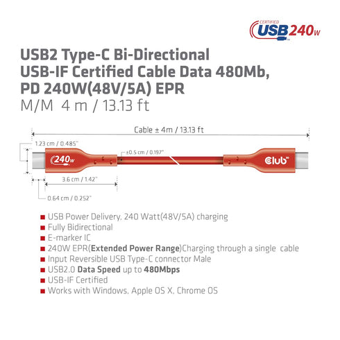 Club 3D CAC-1515 USB2 Type C to Type C Certified Bi-Directional Cable with 240W Charging, 480Mb Data Transmission EPR 4m -13.13ft...