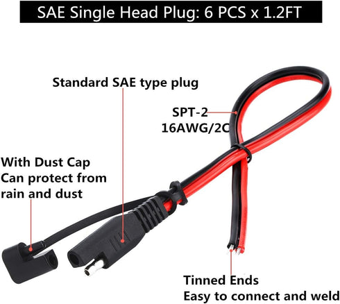 SAE Connector DC Power Extension Cable 16 AWG Automotive Battery Quick Disconnect Pigtail Wire Harness with Dust Cap (6 Pcs 1.2 Foot)...