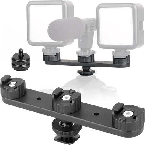 ChromLives Cold Shoe Mount Triple Shoe Mount Extension Bar Hot Shoe Adapter Camera Bracket with 1/4 Screw for Tripod/Microphone/LED Light Compatib...