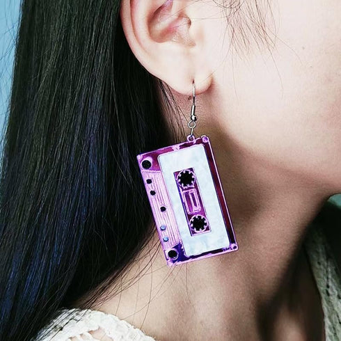 70'S 80'S Neon Cassette Tape Dangle Earrings Set for Women Funny Retro Resin Acrylic Pendant Jewelry for 90's Outfit Glow Party Accessories Holida...