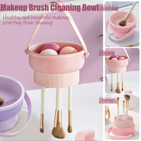 3 In 1 Makeup Brush Cleaning Set Multifunctional Washing Bowl Drying Basket with Handle Silicone Cleaner Mat Removal Cleaner Sponge 150ml/5.12fl.o...