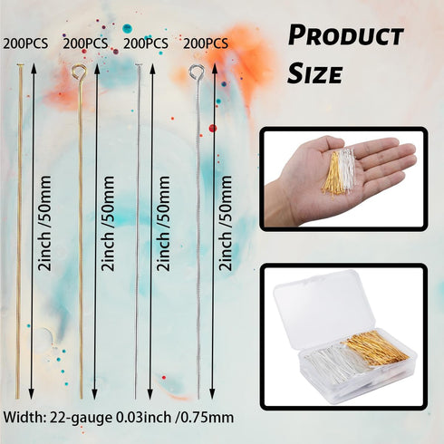 800 Pieces Jewelry Making Pins Including 400 Pcs Eye Pins and 400 Pcs Flat Head Pins, 2 Inch Metal Straight Pins for DIY Craft Earring Bracelet Ne...