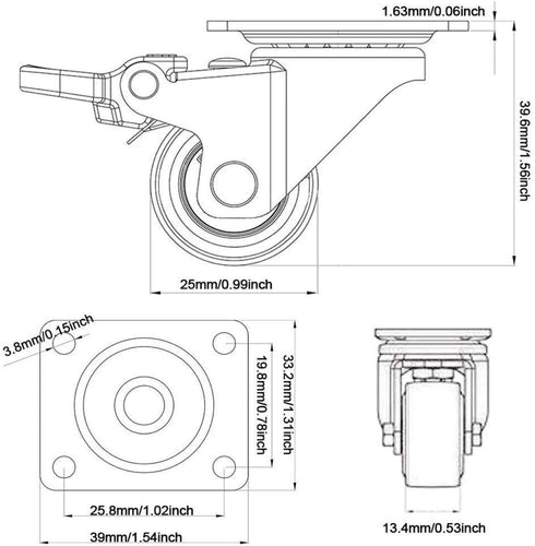 GBL 1" inch Small Caster Wheels with 4 Brakes + Screws - 90Lbs - Low Profile Castor Wheels with Brakes - Set of 4 No Floor Marks Silent Casters - ...