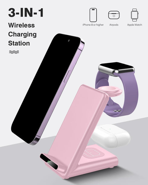 Wireless Charging Station,3 in 1 Wireless Charging Stand Made for Apple Watch Ultra 9 8 7 6 SE 5 4 3,Fast Wireless Charger Made for iPhone 15/Plus...