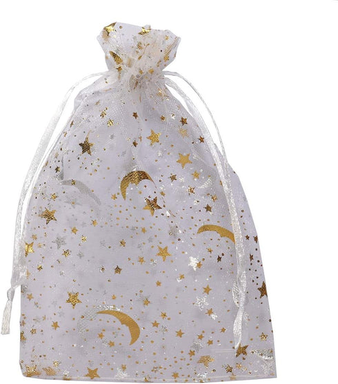100Pcs 4x6 Inches Sheer Organza Drawstring Pouches Stars and Moon Wedding Party Favor Jewelry Candy Gift Bags (White)...