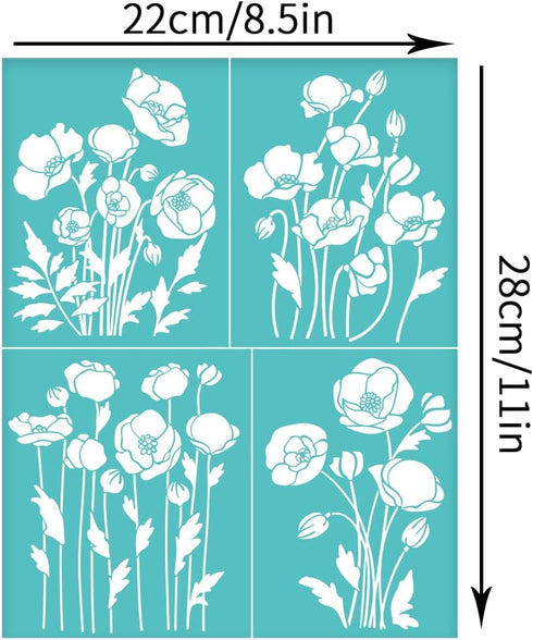 OLYCRAFT 2Pcs 8.6x11 Inch Wildflowers Self-Adhesive Silk Screen Printing Stencil Poppies Pattern Silk Screen Stencil Plant Theme Reusable Mesh Ste...