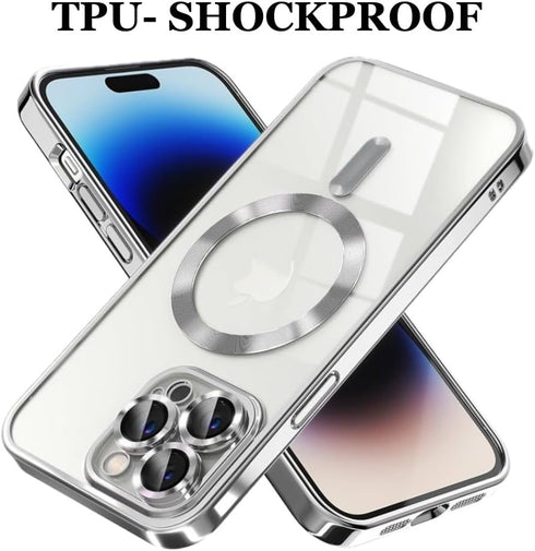 Magnetic Case for iPhone 15 Pro Max Phone. TPU Shockproof Electroplated Bumper, Camera Lens Protector, Waterproof Transparent Case., Silver...