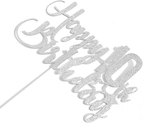 Silver Glitter Happy 10th Birthday Cake Topper - 10th Birthday Cake Topper, 10th Birthday Party Decoration...