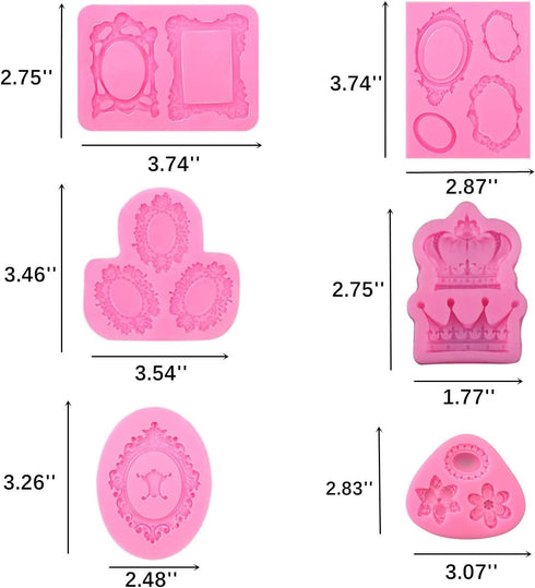Photo Frame Fondant Mold - 6 Pack Picture Frames crown flower Silicone Mold for Cake Decorating, Sugar, Gum Paste, Chocolate, Cookies, Resin, Poly...