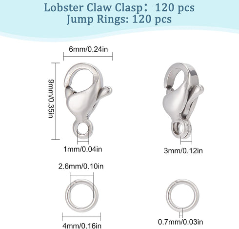 SUNNYCLUE 1 Box 240Pcs Lobster Claw Clasps 304 Stainless Steel Lobster Clasps with 120Pcs Open Jump Rings Kit Silver Necklace Bracelet Clasp Faste...