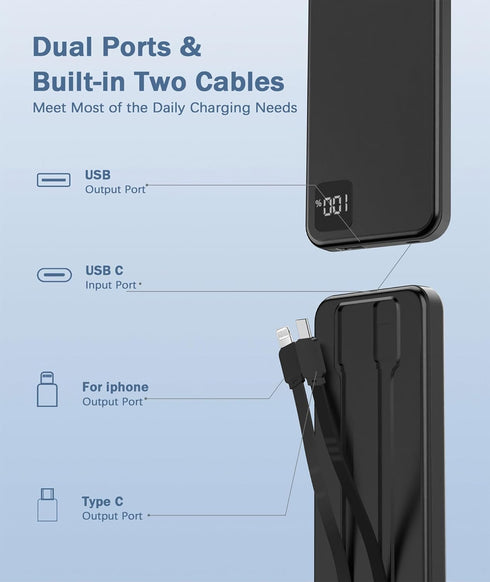Portable Charger with Built in Cables, Portable Charger with Cords Wires Slim 10000mAh Travel Essentials Battery Pack 4 Outputs 3A High Speed Powe...