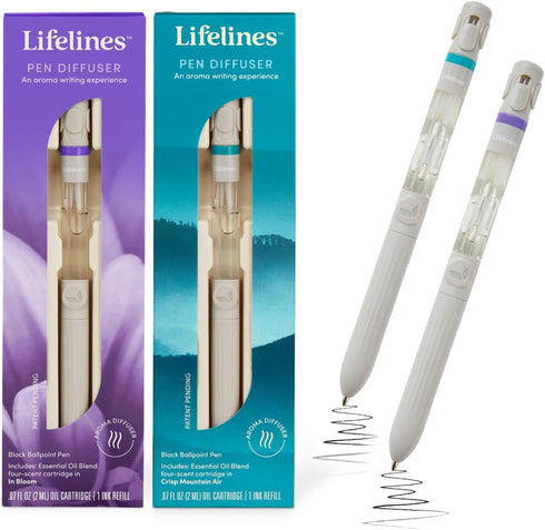 Lifelines 2 Pack Pen Diffuser in in Bloom & Crisp Mountain Air Essential Oil Blends, Elegant 1.0mm Ballpoint Tip, Black Pen, Ink Refill Included...