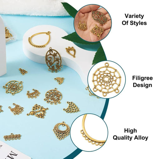 64Pcs Tibetan Antique Gold Chandelier Charms 16 Styles Vintage Filigree Hollow Links Charms with Loops Findings for Dangle Earrings Connector Comp...