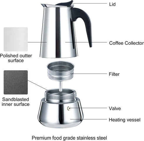2 Cup 100ML 3.3oz Stovetop Espresso Maker Stainless Steel Moka Pot Espresso Maker Percolator Italian Coffee Maker Capable Moka Coffee Machine Cafe...