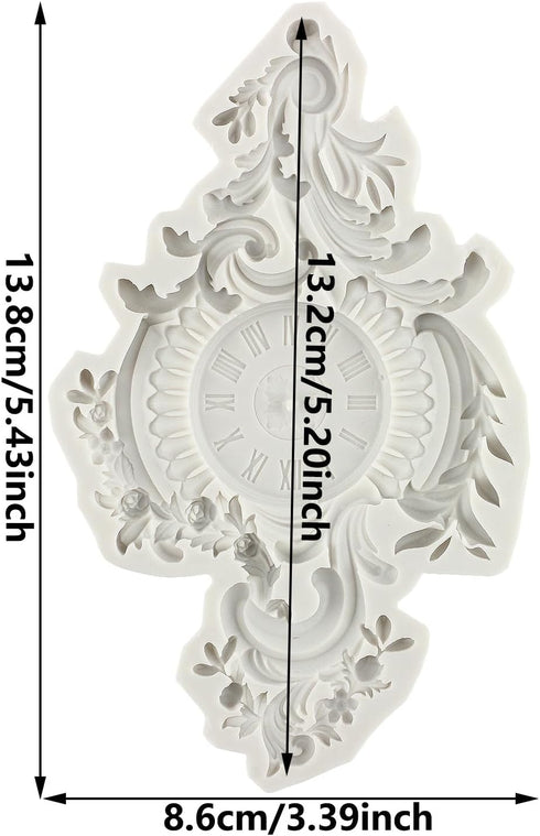 Baroque Style Clock Silicone Mold Curlicues Scroll Lace Fondant Molds Clock Chocolate Candy Mold Filigree Mold 3D Sculpted For Sugar Cake Decorati...
