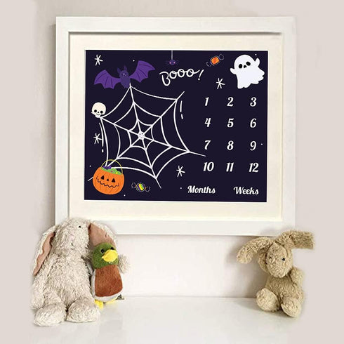 Halloween Theme Baby Monthly Milestone Blanket, 48x40in Soft Flannel, Ghost and Pumpkin Skull Background, Newborn Mom Gifts, Baby Shower Age Growt...