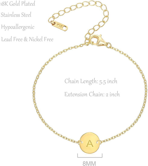 Personalized Initial Bracelet, 18K Gold Plated Stainless Steel Letter Bracelet Dainty Coin Charm Bracelet Delicate Disc Name Bracelet for Women...