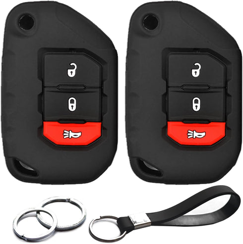 2pcs Compatible with Jeep Wrangler JL Gladiator JT Flip 3 Buttons Black Key Fob Cover Case Key Chain Protector Keyless Remote Holder for JLU Sport...