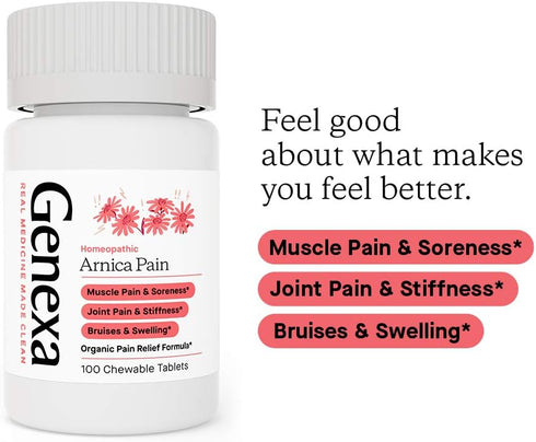 Genexa Arnica Tablets for Pain Relief Formula | Alleviate Muscle & Joint Pain, Soreness, & Stiffness | Delicious Organic Grape Flavor | Homeopathi...