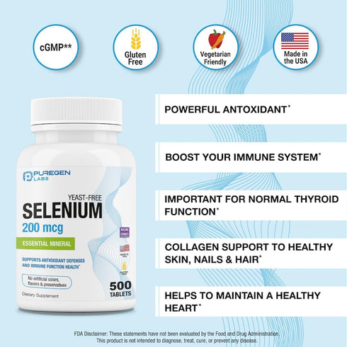 Puregen Labs Selenium 200 mcg Yeast Free Essential Mineral - 500 Vegetarian Tablets | Immune & Antioxidant Support | Non-GMO, Gluten Free, Made in...
