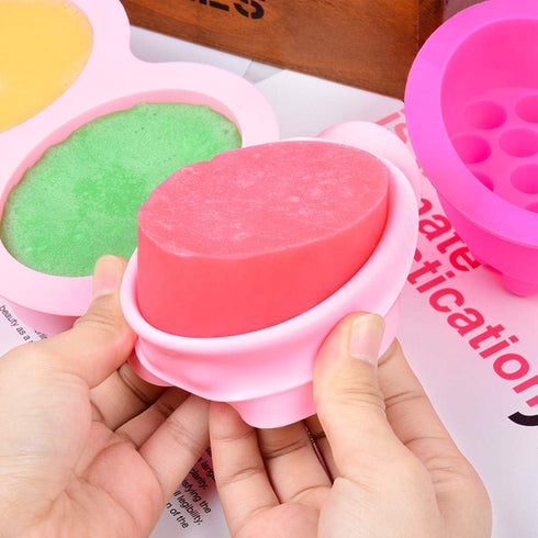 Silicone Soap Mold, 4 Cavity Oval Massage Soap Mould Cookie Chocolate Cake Mold Tray for DIY Homemade Craft (Pink)...