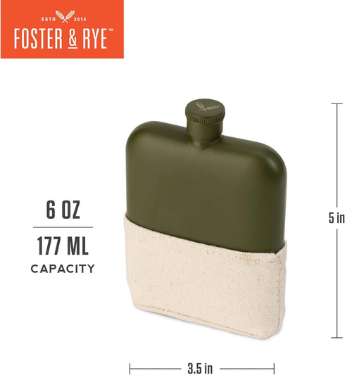 Foster & Rye Flask Whiskey Men-Stainless Steel Alcohol Matte Army Green with Canvas Wrap-6oz Set of 1, 6oz...