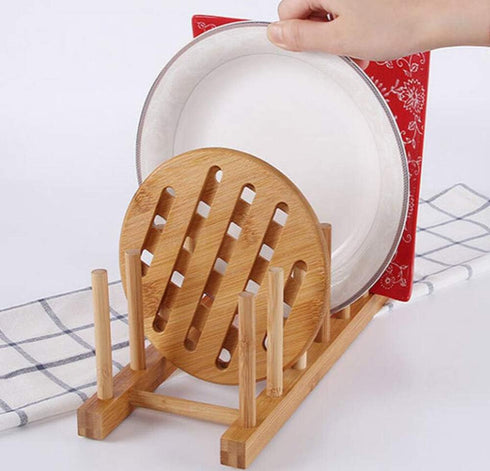 2Pcs Home Kitchen Natural Bamboo Slip Drain Dish Rack, Bamboo Wood Plates Rack/Pans/Cups Dish Rack...