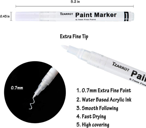 TZARROT White Paint Pen, 8 Pack 0.7mm Acrylic Paint Pens with 2 White 2 Black 2 Gold 2 Silver Permanent Marker for Wood Rock Fabric Metal Plastic ...
