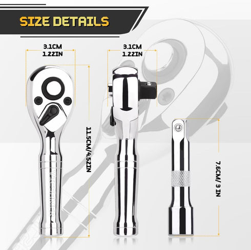 Stubby Ratchet Set- 3/8" Drive Ratchet Handle with a Extension Bars, Gift for Men 72-T Reversible Quick Release Head Premium Mini Ratchet Wrench f...