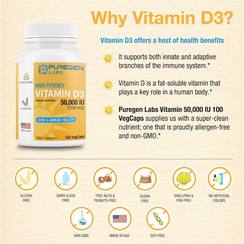 Puregen Labs Vitamin D3 50,000 IU (1250 mcg) 100 Weeks Supply for Healthy Muscle Function, and Immune Support, Non-GMO, Gluten Free 100 Vegetable ...