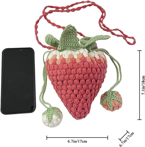 Handmade Knitted Purse Wool Woven Bag Strawberry Shaped Shoulder Bag for Women Crossbody Bag with Drawstring...