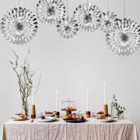 Hanging Paper Fans Party Set, Silver Round Pattern Paper Garlands Decoration for Birthday Baby Shower Graduation Retirement, Set of 6...