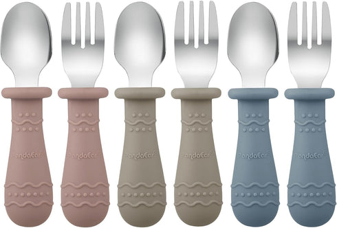 PandaEar Toddler Utensils, 6 Pack Kids Spoons and Forks, 18/8 Stainless Steel & Food Grade Silicone Children Silverware Set, Dishwasher Safe (Blue...