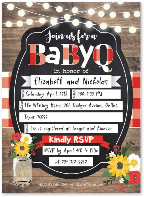 Hadley Designs 25 Baby Shower Invitations, Sprinkle Invite For Boy or Girl, Coed Rustic Barbeque Gender Neutral Reveal, Cute Fill or Write In Blan...