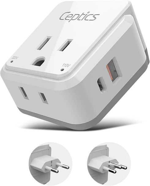 Ceptics Brazil Power Plug Adapter Travel Set, 20W PD & QC, Safe Dual USB & USB-C 3.1A - 2 USA Socket - Compact & Powerful - Also Use in Peru, Chil...