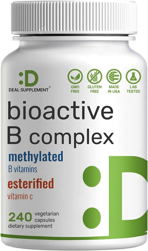 Bioactive Vitamin B Complex | 240 Veggie Capsules - Methylated B Vitamins & Esterified Vitamin C, High Potency & Easy Absorption – Immune, Energy,...