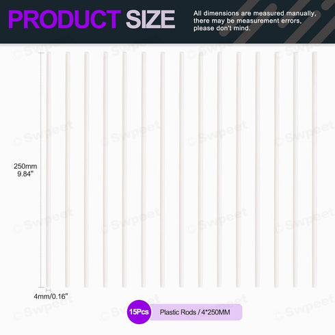 Swpeet 15Pcs Milkly Plastic Rods Assortment Kit, Diameter 4mm Length 250mm Material ABS Round Stick Round Solid Bar DIY Model for DIY Toys Buildin...