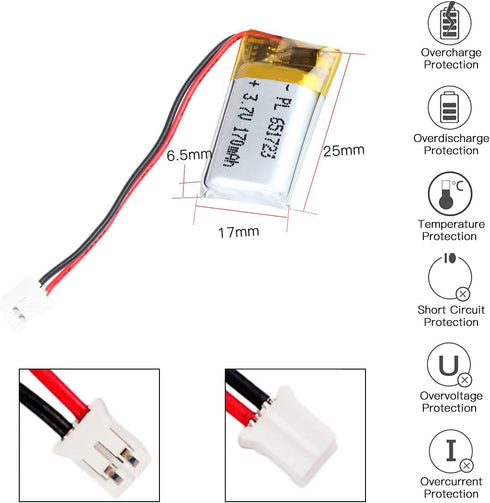 3.7V 170mAh Battery 651723 Lithium Polymer Ion Rechargeable Li-ion Li-Po Battery with 2P PH 2.0mm Pitch Connector...